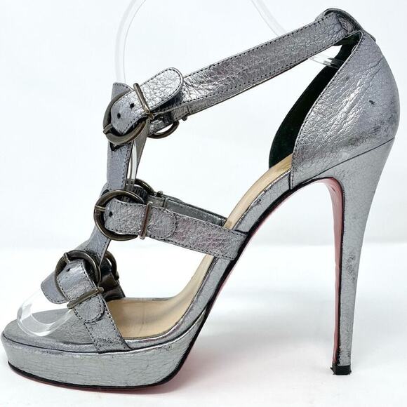 CHRISTIAN LOUBOUTIN 120MM LIMA SILVER PLATFORM BUCKLE HEELS SIZE 39 - Picture 1 of 14